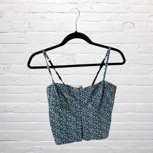 Black Poppy // Floral Blue Women's Spaghetti Strap Crop With Adjustable Straps